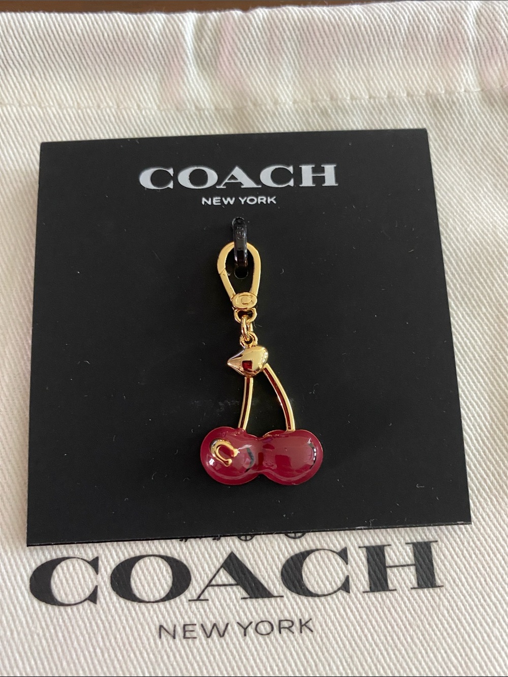 NWOT COACH Gold-Tone Red Cherry Key Necklace Bracelet Charm
